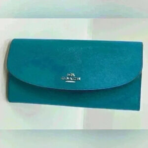 Coach Teal Leather Wallet Snap Flap Excellent Condition